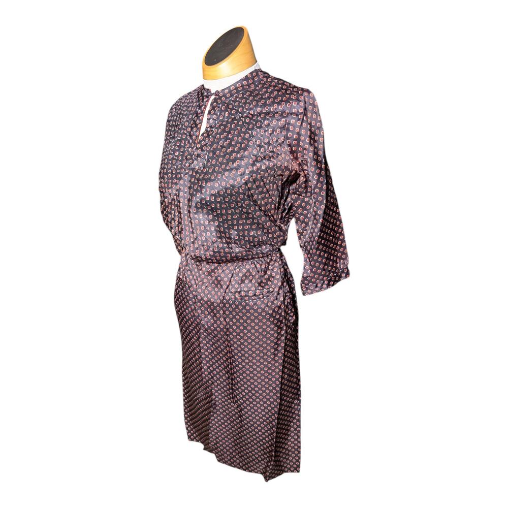 Vtg 1950s Ascot Original Black Red Dot Print Satin Button Neck Sheath Dress Sz 4